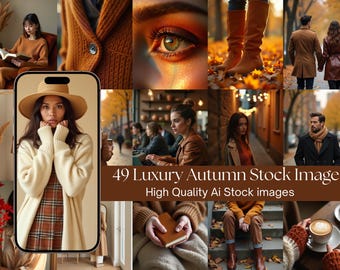 Puede incluir: Un collage de imágenes con temática otoñal. Las imágenes incluyen una mujer con sombrero y suéter, personas con abrigos y primeros planos de ojos y botas. El texto dice "49 Luxury Autumn Stock Image High Quality Ai Stock images."