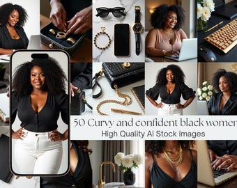 Puede incluir: Un collage de imágenes que presenta accesorios y elementos de estilo de vida. Las imágenes incluyen una mujer con una blazer negra, joyas, un reloj, un teléfono, un bolso y un portátil. El texto dice "50 Curvy and confident black women High Quality Ai Stock images."