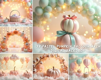 Puede incluir: Una colección de decoraciones y arcos de globos con temática de calabaza en colores pastel. La imagen incluye calabazas, globos y arcos decorativos, con el texto "38 Pastel Pumpkin Balloon Arch Digital Backdrop".