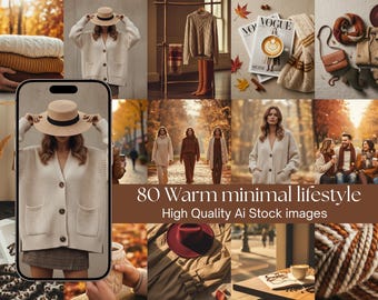 Puede incluir: Un collage de imágenes con ropa y accesorios de otoño. Las imágenes incluyen a una mujer con una rebeca crema y un sombrero de paja, pilas de suéteres y una revista Vogue con un café. El texto dice "80 Warm minimal lifestyle".