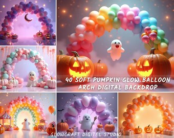 Puede incluir: Un telón de fondo digital con un arco de globos coloridos, calabazas y una figura de fantasma. El texto dice "40 SOFT PUMPKIN GLOW BALLOON ARCH DIGITAL BACKDROP" y "GLOWCRAFT DIGITEL STUDIO". La escena está ambientada sobre un fondo estrellado.