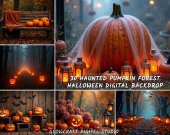 Puede incluir: Un telón de fondo digital con una gran calabaza naranja cubierta con tela blanca, rodeada de linternas encendidas y calabazas más pequeñas. El texto dice "30 HAUNTED PUMPKIN FOREST HALLOWEEN DIGITAL BACKDROP".