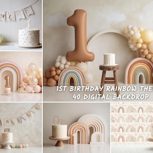 Könnte beinhalten: Eine Collage von Bildern mit einem Regenbogen-Thema zum ersten Geburtstag. Die Bilder zeigen Kuchen, Luftballons und dekorative Regenbogen. Der Text "1st Birthday Rainbow Theme 40 Digital Backdrop" ist sichtbar.