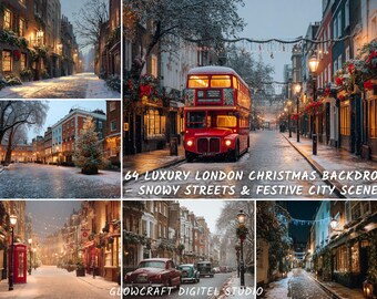 64 Luxury London Christmas Backdrop | Snowy London Street Scene | Festive City Winter Wonderland Photography Background