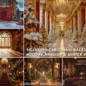 Op de afbeelding: Een collage van digitale achtergronden met winter- en vakantiescènes. Bevat een rode schuur met een kerstkrans, een grote hal met kerstbomen en een kamer met een open haard. Tekst luidt "48 Luxury Christmas Backdrop - Holiday Mansion & Winter Scenes."