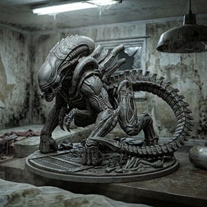 May include: A detailed gray resin sculpture of a Xenomorph creature in a crouched, predatory stance. The figure features an elongated head, segmented tail, and biomechanical textures, mounted on a circular base with debris and a metal grate pattern.