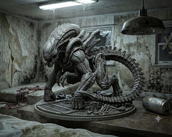Puede incluir: Una escultura detallada de resina gris de una criatura Xenomorfo en una postura agachada y depredadora. La figura presenta una cabeza alargada, una cola segmentada y texturas biomecánicas, montada sobre una base circular con escombros.