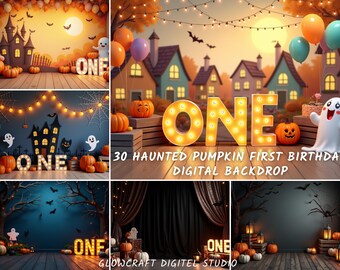 Puede incluir: Un telón de fondo digital para una fiesta de primer cumpleaños con temática de Halloween. La imagen presenta un gran letrero iluminado "ONE", calabazas, un fantasma y una casa embrujada. También hay globos y murciélagos.