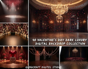 Puede incluir: Una colección de fondos digitales de lujo oscuros para el Día de San Valentín. Las imágenes presentan escenarios románticos con rosas rojas, velas y candelabros. El texto de la imagen dice "40 Valentine's Day Dark Luxury Digital Backdrop Collection."