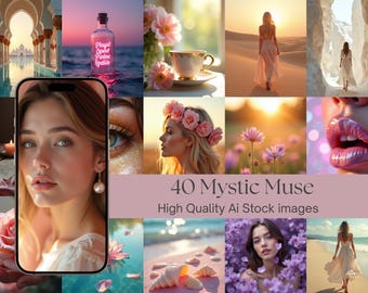 Puede incluir: Un collage de 10 imágenes generadas por IA con una estética suave y soñadora. Las imágenes incluyen una mujer, flores, una botella y elementos arquitectónicos. Se muestra el texto "40 Mystic Muse" y "High Quality AI Stock images".