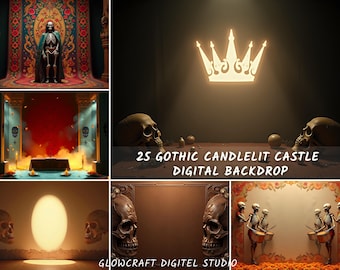 Puede incluir: Un conjunto de fondos digitales con temática gótica. La imagen presenta una corona brillante, calaveras y un esqueleto con capa. El texto de la imagen dice "25 GOTHIC CANDLELIT CASTLE DIGITAL BACKDROP" y "GLOWCRAFT DIGITEL STUDIO".