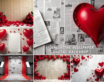 Può includere: Un collage di sfondi digitali a tema San Valentino. L'immagine presenta palloncini rossi a forma di cuore, rose, sfondi di giornali e il testo "49 VALENTINE NEWSPAPER DIGITAL BACKDROP". Il tema è romantico e adatto alla fotografia.