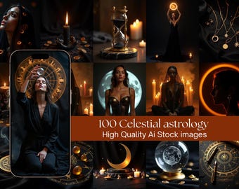 Puede incluir: Un collage de imágenes con temática de astrología celestial. Las imágenes presentan mujeres, velas, relojes de arena y símbolos astrológicos. El texto "100 Celestial astrology High Quality Ai Stock images" se muestra en un banner.