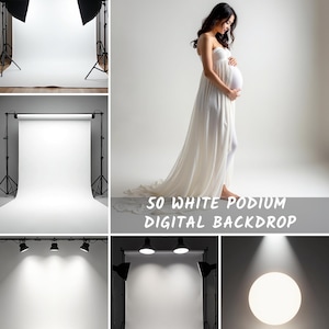 May include: A composite image featuring digital backdrops for photography. The image includes a pregnant person in a white dress, studio setups with white backdrops, and the text "50 WHITE PODIUM DIGITAL BACKDROP" and "GLOWCRAFT DIGITAL STUDIO".