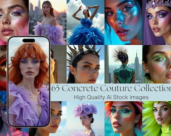 Puede incluir: Un collage de imágenes con modelos con maquillaje y moda elaborados. Las imágenes muestran una variedad de estilos, incluyendo maquillaje de ojos vibrante, vestidos con plumas y tocados vanguardistas. Se muestra el texto "65 Concrete Couture Collection".