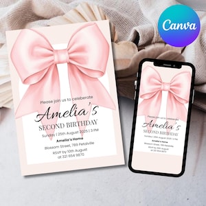 Pink Bow 1st Birthday Invitation | Our Little One Is Turning One | Girl First Birthday Invite | Elegant Pink Ribbon Theme | Canva Template