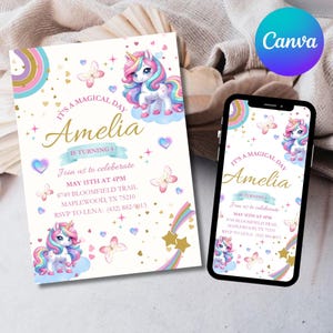 Editable Rainbow Unicorn Birthday Girl Invitation Template, Printable Birthday Unicorn Invite, Any Age Magical Unicorn Theme Birthday Party