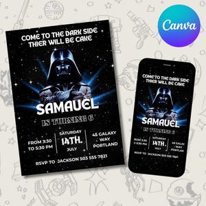 Printable Birthday Invite, Editable Invitation, Instant Download, Wars Invitation, Star Invite, Darth Vader Birthday Party Printable Invite