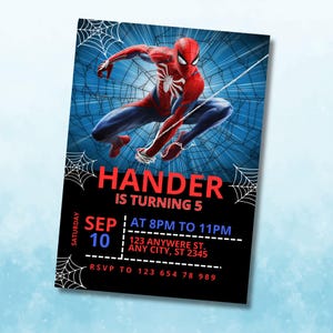 スパイダーマンの誕生日招待状、スパイダーマンのパーティー招待状、編集可能なスーパーヒーロー招待状、子供の誕生日パーティー、印刷されたスパイダーマンの招待状