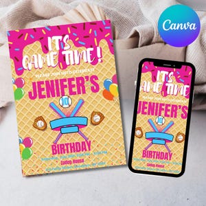 Baseball Drip Birthday Party Invitation, Digital Editable Canva Template, Baseball Ice Cream Drip Birthday Invite, Instant Access & Download