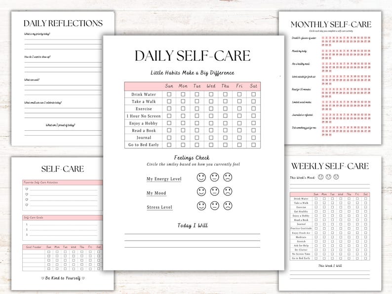 Self-care Checklist Printable: Reflections Journal Daily Weekly and Monthly Task Tracker Instant ...