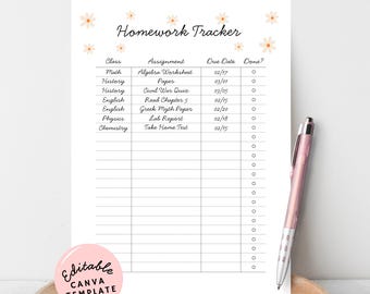 Afdrukbare opdrachttracker: bewerkbare canva-sjabloon voor tieners en studenten, direct digitaal downloaden