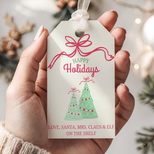 Whimsical Christmas Tags Editable Canva Template Green and Red Holiday Gift Labels with Christmas Trees Red Bow Printable Digital Download