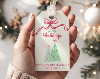 Bewerkbare grillige kerstcadeaukaartjes, strikontwerp voor kerstbomen (digitale download)