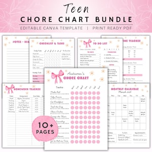 Editable Teen Chore Chart and Routine Bundle: Cleaning Schedule Homework Assignment Tracker Brain Dump Allowance Chart Printable