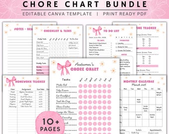Editable Teen Chore Chart and Routine Bundle: Cleaning Schedule Homework Assignment Tracker Brain Dump Allowance Chart Printable