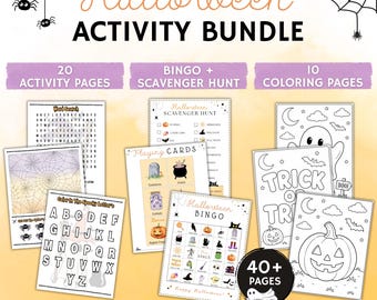 Paquete de actividades de Halloween para niños: Juegos de Halloween imprimibles, páginas para colorear, bingo, libro de actividades de búsqueda del tesoro