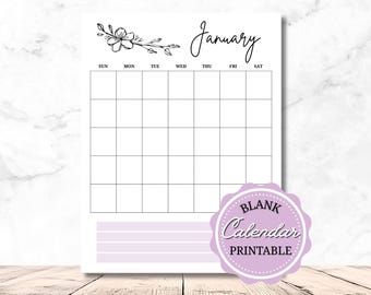 Lege kalender afdrukbaar: directe digitale download Minimalistische bloemen Digitaal kalenderjaar van 12 maanden, 2026