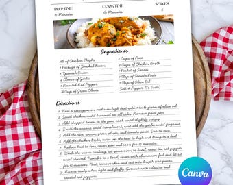Editable Family Recipe Page: Canva Template Recipe Binder Printable Instant Digital Download