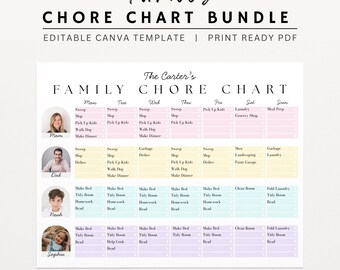 Editable Family Chore Chart Household Cleaning Schedule Printable Family of 3 4 5 Canva Template Home Maintenance Checklist
