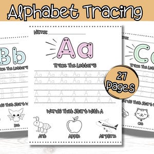 Hojas de trabajo del alfabeto imprimibles, libro de calco, práctica de escritura a mano, actividad de aprendizaje para maestros y educación en el hogar, jardín de infantes y preescolar.