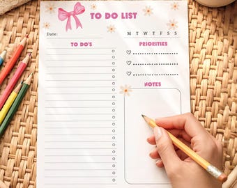 Afdrukbare takenlijst: schattige roze dagelijkse plannerpagina takenlijst met prioriteiten en notities, direct te downloaden