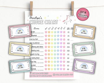 Reward Bucks and Chore Chart for Kids: Printable Canva Template Unicorn Theme