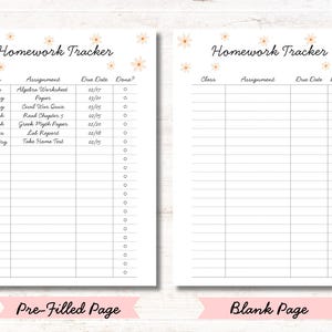 Editable 2-page homework assignment tracker Canva template, US Letter 8.5x11, cute white flower design, editable text page plus blank print-ready page, perfect for tweens, teens, high school and college students, digital download
