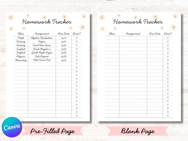 Editable 2-page homework assignment tracker Canva template, US Letter 8.5x11, cute white flower design, editable text page plus blank print-ready page, perfect for tweens, teens, high school and college students, digital download