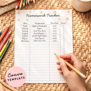 Editable 2-page homework assignment tracker Canva template, US Letter 8.5x11, cute white flower design, editable text page plus blank print-ready page, perfect for tweens, teens, high school and college students, digital download