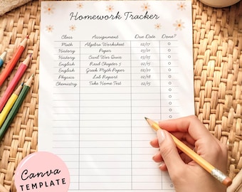 Afdrukbare opdrachttracker: bewerkbare canva-sjabloon voor tieners en studenten, direct digitaal downloaden