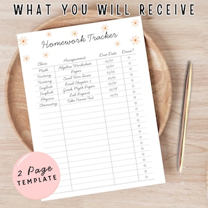 Editable 2-page homework assignment tracker Canva template, US Letter 8.5x11, cute white flower design, editable text page plus blank print-ready page, perfect for tweens, teens, high school and college students, digital download