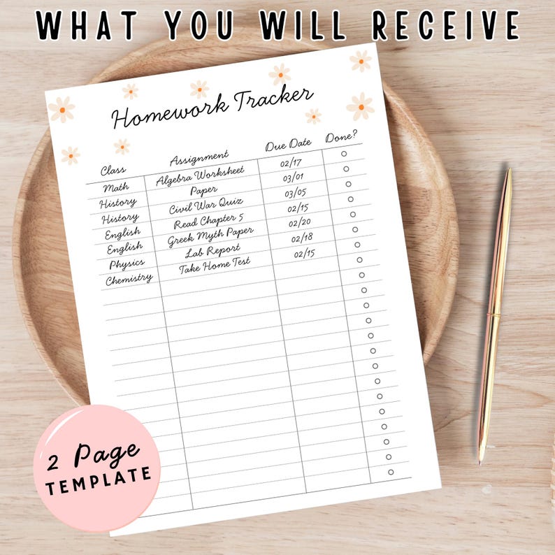 Editable 2-page homework assignment tracker Canva template, US Letter 8.5x11, cute white flower design, editable text page plus blank print-ready page, perfect for tweens, teens, high school and college students, digital download