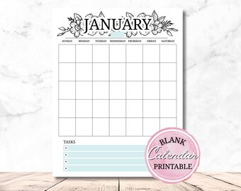 Lege kalender afdrukbaar: directe digitale download Minimalistische bloemen Digitaal kalenderjaar van 12 maanden, 2026