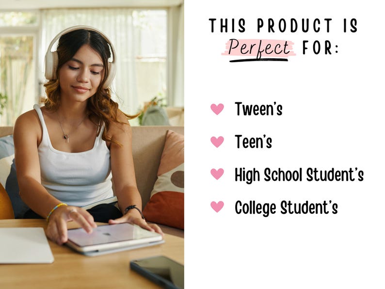 Editable 2-page homework assignment tracker Canva template, US Letter 8.5x11, cute white flower design, editable text page plus blank print-ready page, perfect for tweens, teens, high school and college students, digital download