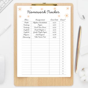 Editable 2-page homework assignment tracker Canva template, US Letter 8.5x11, cute white flower design, editable text page plus blank print-ready page, perfect for tweens, teens, high school and college students, digital download