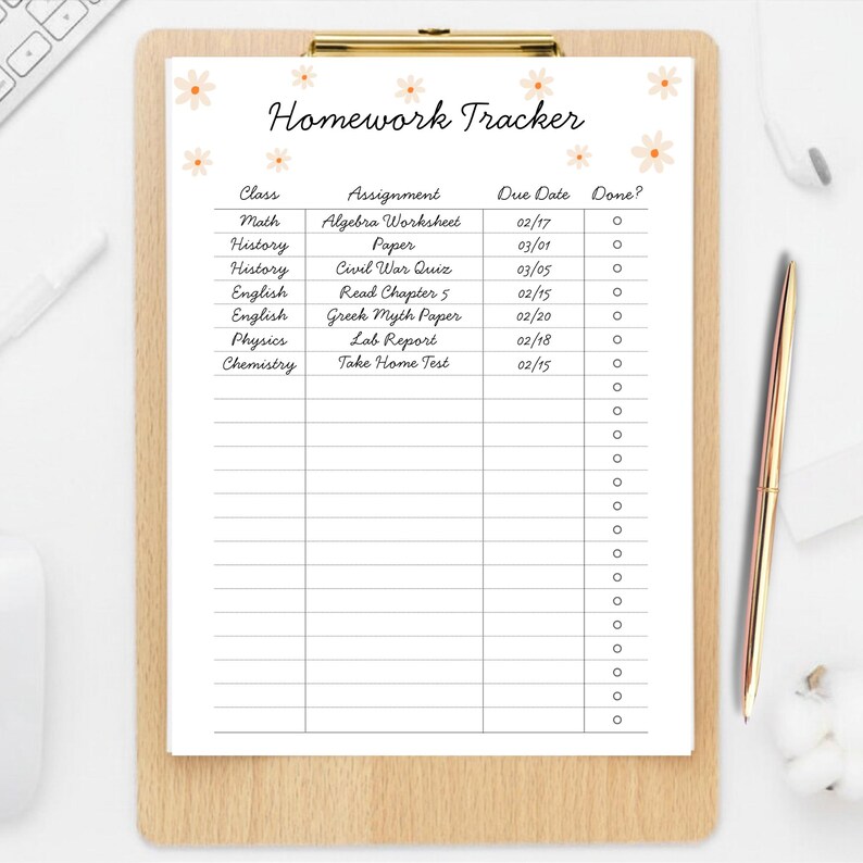 Editable 2-page homework assignment tracker Canva template, US Letter 8.5x11, cute white flower design, editable text page plus blank print-ready page, perfect for tweens, teens, high school and college students, digital download