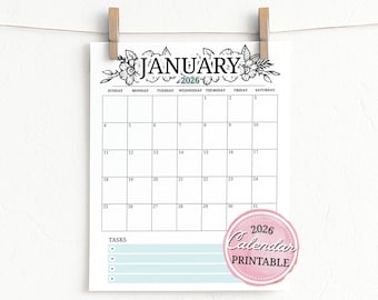 Afdrukbare kalender 2026: direct digitaal downloaden Minimalistische bloemen digitaal kalenderjaar