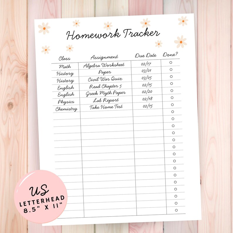 Editable 2-page homework assignment tracker Canva template, US Letter 8.5x11, cute white flower design, editable text page plus blank print-ready page, perfect for tweens, teens, high school and college students, digital download