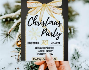 Kerstuitnodiging voor kerstfeest bewerkbare canvassjabloon elegante en moderne zwarte en gouden glitter met strik Instant Digitale download